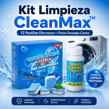 Kit Limpieza CleanMax™: 12 Pastillas Limpieza Lavadora Efervesce + Polvo Limpiador Tuberias Destapa Canos